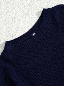 EURMUSE 女式小码休闲罗纹针织圆领毛衣 - 藏蓝色 - 查看 5