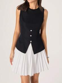 Modelyn 女士纯色纽扣设计褶皱下摆上衣和褶皱半裙时尚两件套，女士时尚优雅派对盛大晚宴闪耀秋季女装连衣裙，返校季服装，舒适柔软面料，送给妈妈的礼物，返校季贺卡黑白拼接休闲连衣裙两件套 - 黑色 - 查看 7