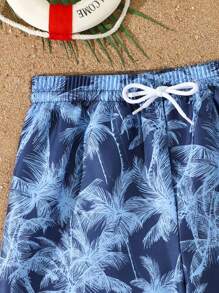 SHEIN 男童个性化泳裤，棕榈叶印花设计彰显活力，舒适无忧，适合在泳池或海滩畅游，男士泳裤棕榈树泳裤蓝色泳裤热带泳裤 - 彩色 - 查看 5