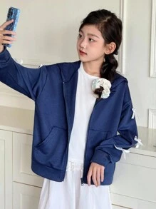 Genkimix Kids Girls' Casual Fashion Activewear Daily Hooded Drop Shoulder Long Sleeve Loose Navy Jacket Hoodie Outerwear With 3D Bow Design And Real Pockets Zipper Chic Outfits For Autumn/Winter Fall - Navy Blue - View 3