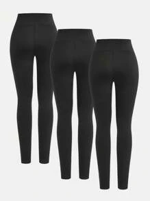 SHEIN Girlism Conjunto de 3 piezas para niñas preadolescentes, pantalones leggings negros sólidos, minimalista y cómodos