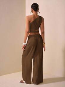 Zivah 2025春夏新款优雅度假休闲通勤母亲节婚礼季音乐节派对街头俱乐部白色纹理面料单肩扭纹细节腰部镂空上衣与阔腿长裤带口袋两件套 - 咖啡棕 - 查看 2