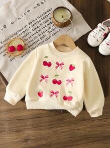 SHEIN Baby Girl Fashion Bow Cherry Print Round Neck Long Sleeve Casual Sweatshirt Fall Winter - Apricot - View 1