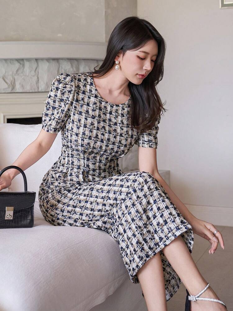 Plaid Textured Round Neck Puff Sleeve Women's Mid-Length Dress Sundress
