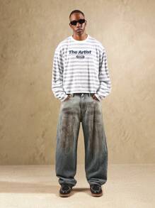 SUMWON 落肩条纹艺术家长袖 T 恤超大版型休闲街头服饰都市家居服时尚秋冬春 - 淺灰色 - 查看 4