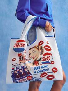 PEPSI X SHEIN 1 pieza Bolsa de compras plegable con gráfico de figura, bolso de mano con cadena de perlas, adecuado para ir al trabajo, compras, viajes, para hombres y mujeres, ligero y portátil