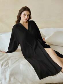 Ocili 休闲舒适纯棉双层绉纱柔软系带腰身加大码睡袍，温暖舒适，秋冬必备 - 黑色 - 查看 5