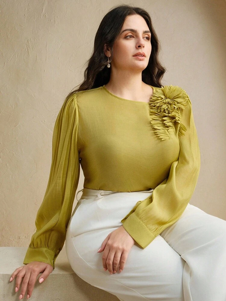 Chemise ample à manches longues avec application 3D, blouse pour femmes grande taille