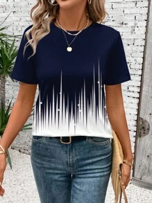 EMERY ROSE 女款休闲简约渐变色波尔卡圆点圆领短袖T恤，适合夏季 - 藍色 - 查看 4