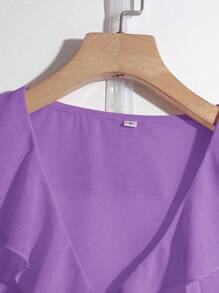 Franclia 女士纯色V领荷叶边泡泡袖休闲衬衫，适合大学穿着 - 紫色 - 查看 3