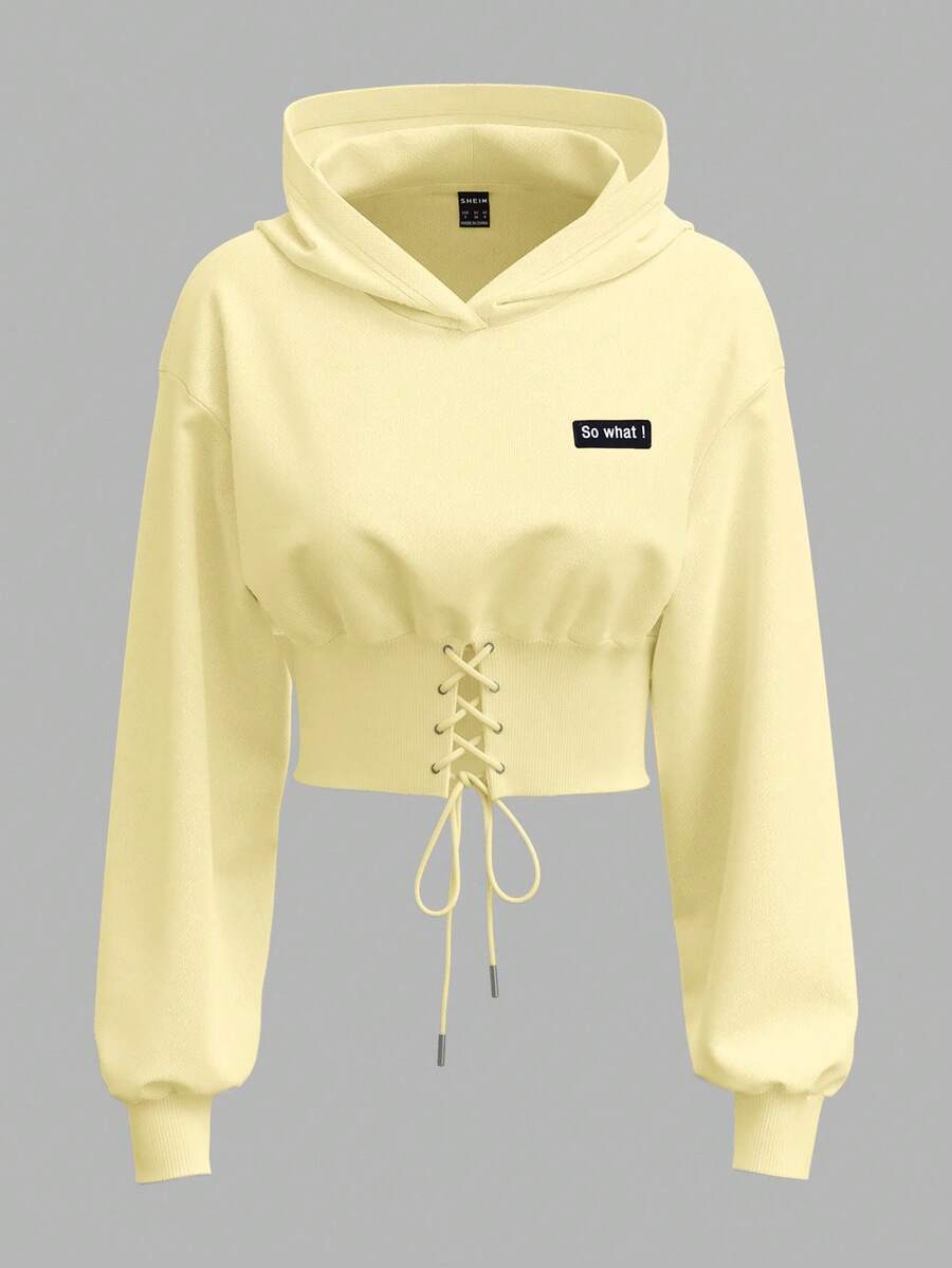 SHEIN EZwear 秋冬季休闲时尚百搭长袖日常针织连帽卫衣女士淡黄色连帽衫 - 黃色 - 查看 1