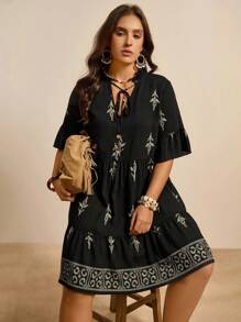 Freevana 大码女式花卉印花度假娃娃裙，夏季 - 黑色 - 查看 4