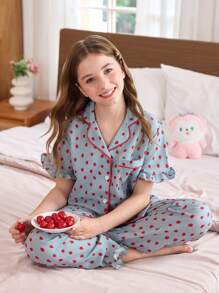 2 件套女童草莓印花荷叶边领短袖上衣 + 裤子睡衣套装，春夏儿童休闲家居服或睡衣