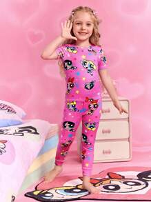 THE POWERPUFF GIRLS X SHEIN 少女花朵、泡泡、毛茛卡通图案粉色短袖T恤和裤子睡衣套装，可爱又俏皮 - 粉色 - 查看 8