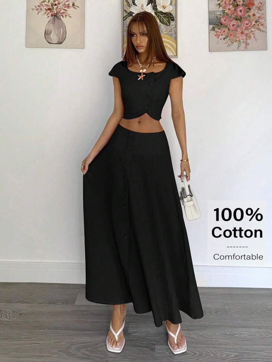 Siren Gaze Damen Set aus einfarbigem Fledermausärmel-Crop-Top mit asymmetrischem Saum und Mini-Rock, modisch