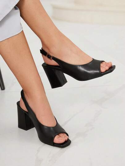 Sleekvia 女士时尚迷人高跟凉鞋，黑色 PU 皮革材质，方头，通勤，舒适，室内，办公室，街头，派对，旅行，度假，春夏季，适合搭配连衣裙、牛仔裤、短裤