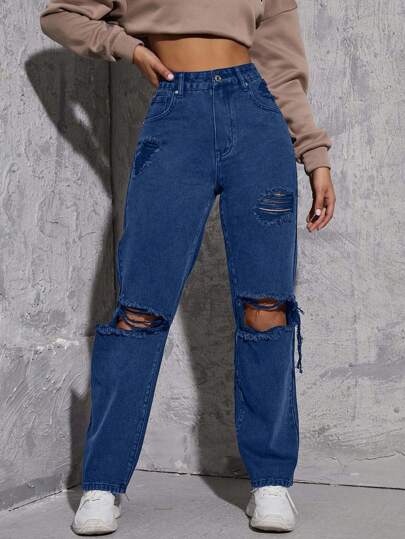 EURMUSE Calça jeans feminina com bolso, reta, solta, casual, versátil