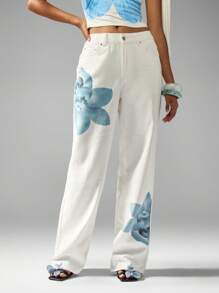 MISSGUIDED High Rise Printed Wide Leg Jeans Floral Watercolor Design Baggy Denim Spring Summer Festival Casual Street Style Statement Pants