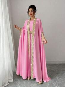 Elenzga 女士拼接缎带蝙蝠袖开衫连衣裙优雅两件套，适合大学穿着