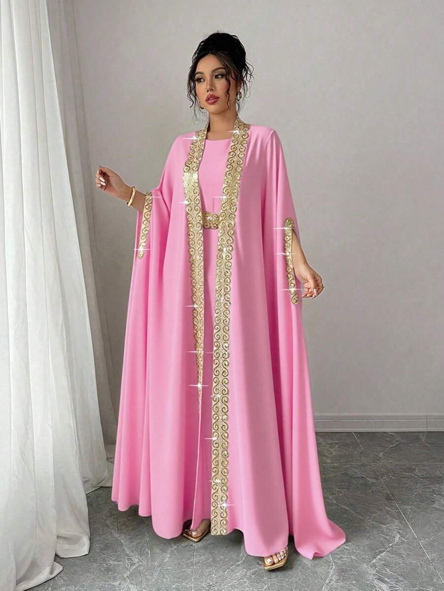 Elenzga 女士拼接缎带蝙蝠袖开衫连衣裙优雅两件套，适合大学穿着