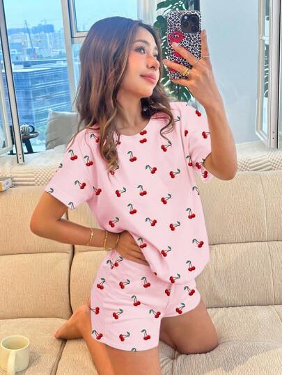 SHEIN Leap Crew Tween Girls' Casual Minimalist Round Neck Short Sleeve Shorts Pajama Set, Suitable For Summer