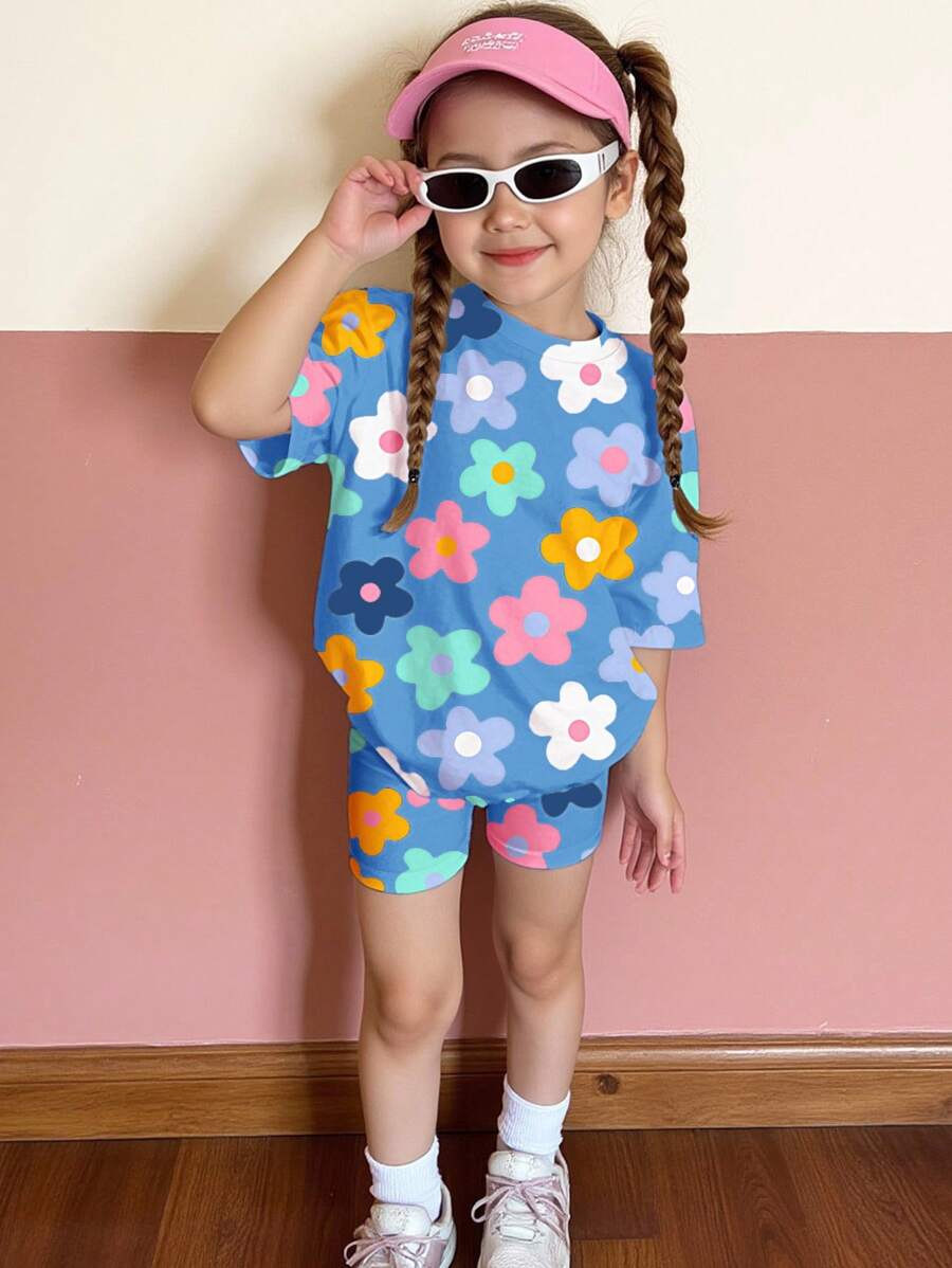 SHEIN Happikins 女童简约风短袖上衣短裤套装（2件套），休闲夏季服装，花童夏季服装，夏季套装，女童碎花套装，女童碎花衬衫，少女夏季服装 - 彩色 - 查看 1