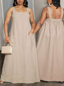 Slaydiva 2025 新款春夏女装大码秋季/返校/开学服装/Y2K/工作/办公室/户外服装/机场服装/毕业约会/优雅度假/街头风格女士度假服装宽松卡其色吊带带口袋，大码廓形A摆长裙 - 卡其色 - 查看 1