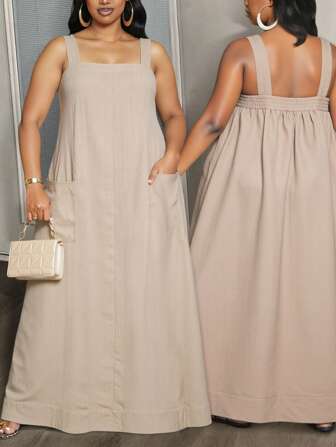 Slaydiva 2025 新款春夏女装大码秋季/返校/开学服装/Y2K/工作/办公室/户外服装/机场服装/毕业约会/优雅度假/街头风格女士度假服装宽松卡其色吊带带口袋，大码廓形A摆长裙