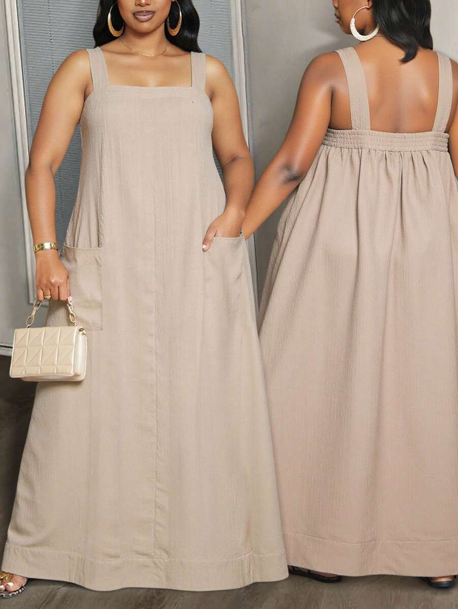 Slaydiva 2025 新款春夏女装大码秋季/返校/开学服装/Y2K/工作/办公室/户外服装/机场服装/毕业约会/优雅度假/街头风格女士度假服装宽松卡其色吊带带口袋，大码廓形A摆长裙 - 卡其色 - 查看 1