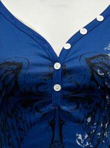 Sweetra 大码女式短袖数码印花翼形抽象半开领T恤 复古图案T恤 女式复古T恤 女式蓝色T恤 女式上衣 - 藍色 - 查看 4