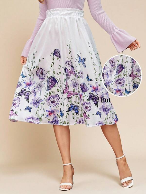 Amorya Falda cómoda de línea A para mujer con estampado de mariposas