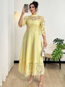 Modelyn Vestido largo de manga larga con parches de bordado de ojal amarillo y talla grande para mujeres - Amarillo - Ver 4