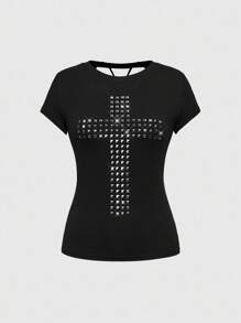 ROMWE Spring/Summer Graphic Black Plus Size Grunge Punk Inspired Asymmetric Shoulder Loose Black & Grey Retro Striped T-Shirt, Plus Size - Black - View 1