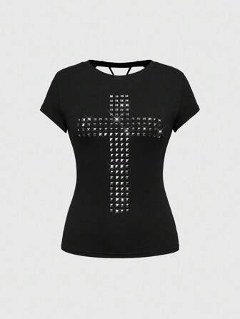 Grunge Punk T-shirt polyvalent à coupe slim, couleur unie, avec design laser ajouré en forme de croix et de rivets, style punk Y2K et Kpop