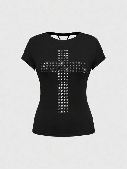 Grunge Punk T-shirt polyvalent de coupe slim, couleur unie, avec un design de croix poinçonnée et découpé au laser sur le dos, dans le style Punk Y2K