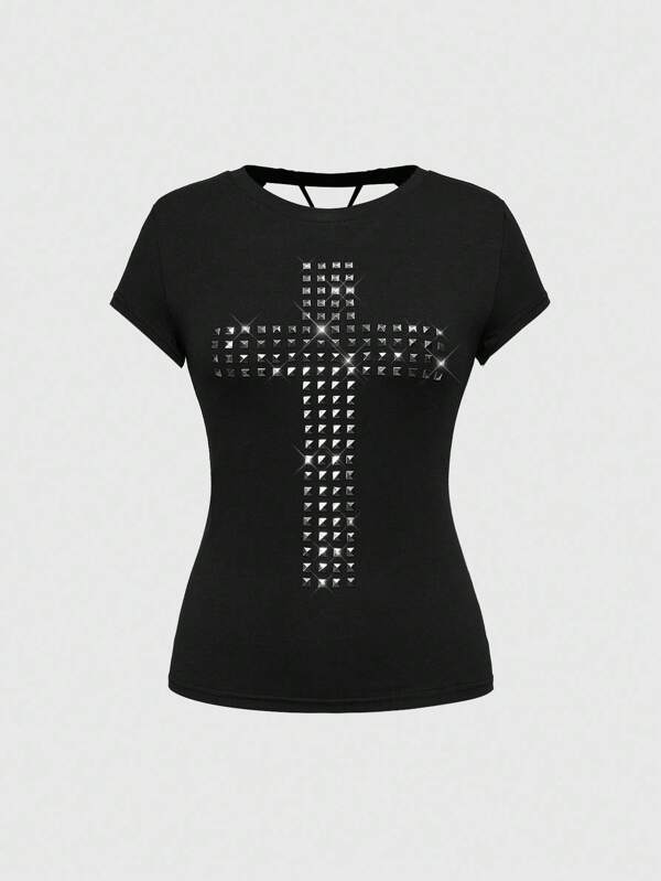 ROMWE Grunge Punk Y2K Punk Kreuz Nieten Design Laser Ausschnitt Rücken Slim Fit einfarbiges vielseitiges T-Shirt