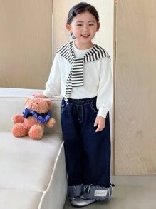 SHEIN Genkimix Kids Young Girls Cute Striped Shawl Paired With Apricot Crew Neck Long Sleeve Comfortable Sweatshirt, Autumn/Winter - Apricot - View 5