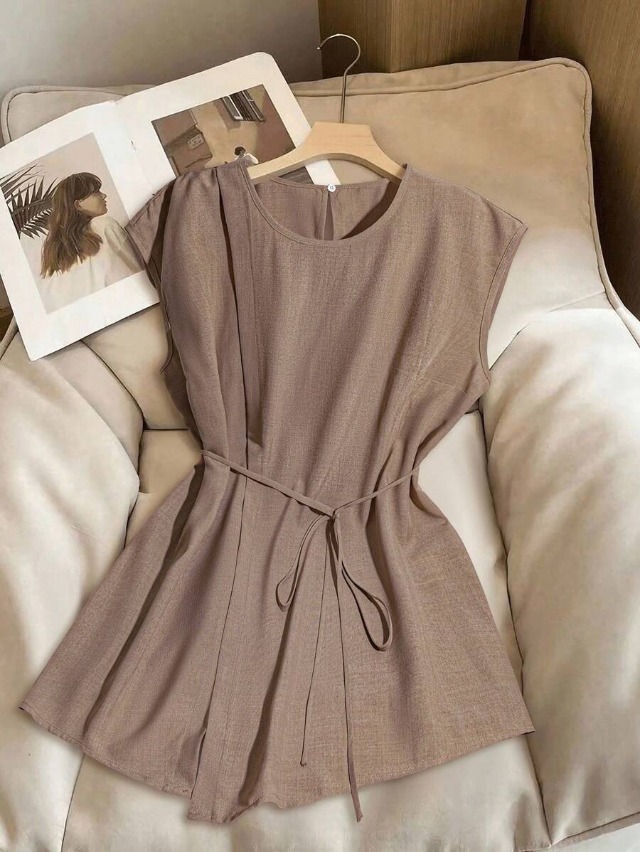 SHEIN CURVE+ Koszula damska tkana, swobodna, letnia, plus-size - Brązowy - Zobacz 1