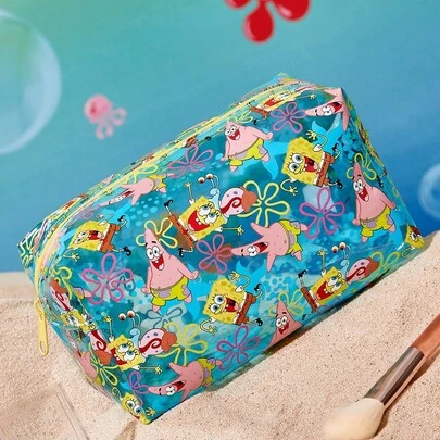 SpongeBob SquarePants | SHEIN 1pc Cartoon Pattern Printed Large Capacity Foldable PVC Makeup Bag, Multi-Functional Storage Pouch For Daily Essentials, Travel, Office, Makeup, Study, Suitable For Men, Women, Students,,‌