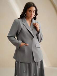 Anewsta 灰色优雅职业女士西装外套，收腰，长袖，独特设计，端庄 - 灰色 - 查看 3