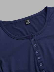 SHEIN EZwear Áo thun dài tay cài cúc 3 màu dành cho nữ, kiểu dáng ôm sát, cổ chữ V, bộ 3 áo dài tay. - Màu xanh hải quân - Xem 6