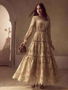 MOTF PREMIUM 优雅仿珍珠链条装饰蕾丝覆层复古长裙 - 卡其色 - 查看 1