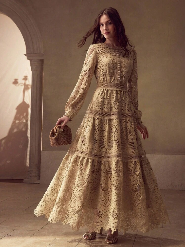 GUIPURE LACE OVERLAY ELEGANT FAUX PEARL CHAIN VINTAGE LONG DRESS