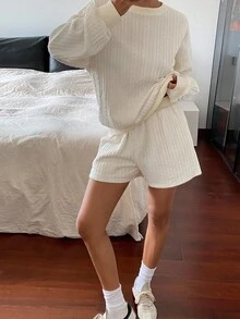 DAZY 两件套女士纯色纹理面料宽松圆领长袖卫衣和直筒短裤休闲街头风加厚套装，秋冬女士家居服套装 - 米色 - 查看 5