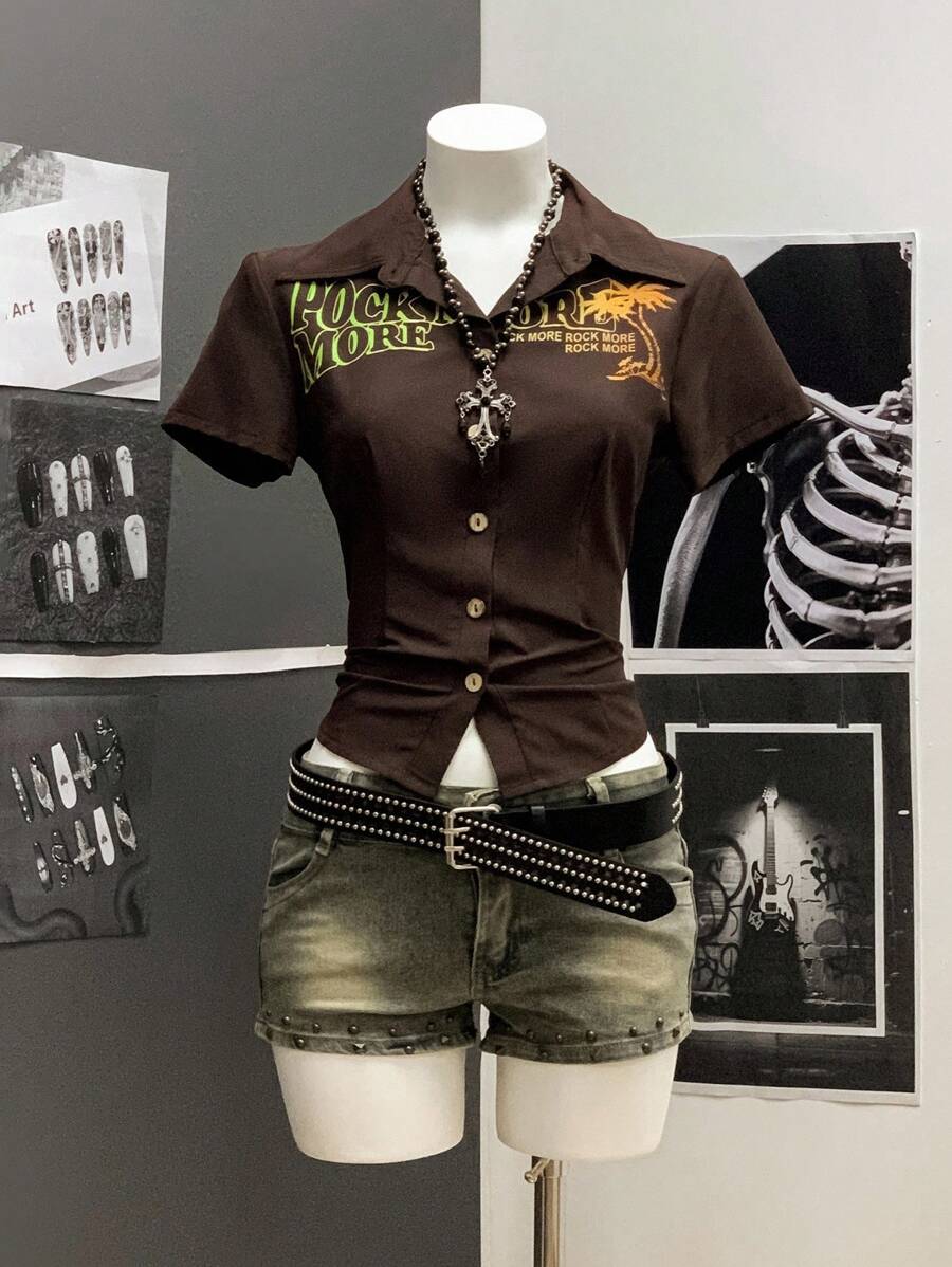 StreetHx Áo sơ mi tay ngắn in chữ và cây cọ phong cách Punk dành cho nữ - màu nâu - Xem 1