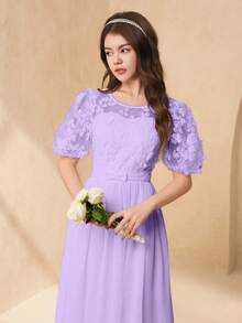 SHEIN 少女优雅白色圆领 3D 蕾丝面料泡泡袖飘逸连衣裙，适合派对、婚礼季节 - 紫色 - 查看 3