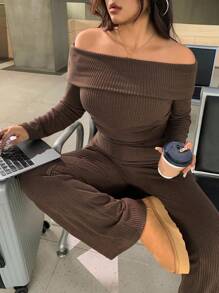 SHEIN EZwear Plus Size Casual & Homewear Minimalist Off-Shoulder Ribbed 2 Pieces Set - Brown - View 6