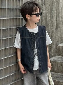 Dazy Kids Chaleco sin mangas de mezclilla para niño preadolescente, otoño - Azul lavado oscuro - Ver 3