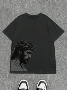 Manfinity Dauomo 男士休闲个性化字母印花短袖 T 恤，宽松圆领艺术图案，2000 年代风格