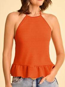 CAJUNI Women's Summer Vacation Casual Tropical Boho Style Energetic Orange Halter Tied Backless Ruffle Hem Cami Tank Top - Orange - View 1